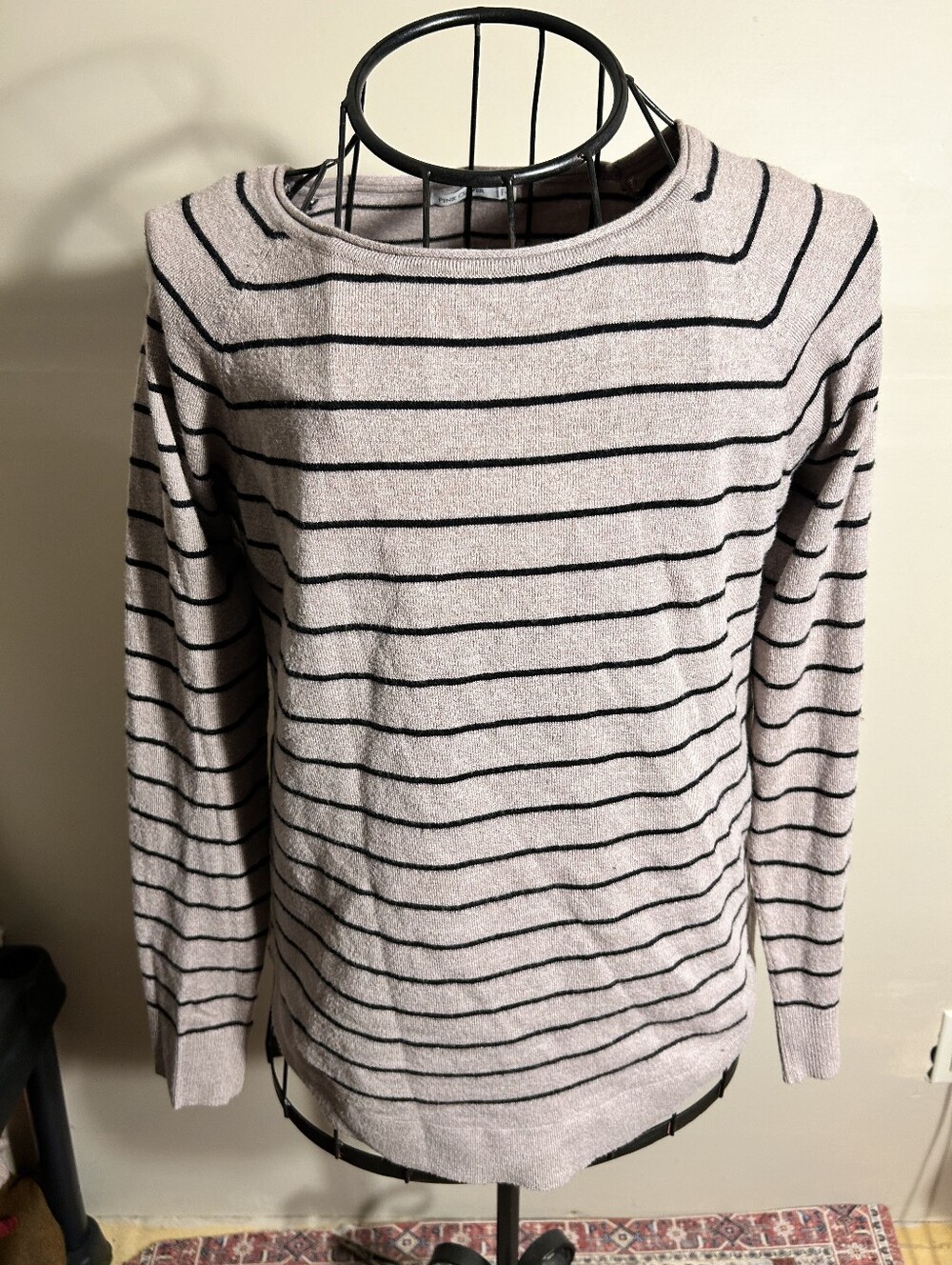 size small womens  light weight sweater knit striped black tan shirt